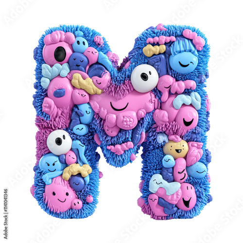 A fluffy blue and pink letter M with various small colorful characters on it.