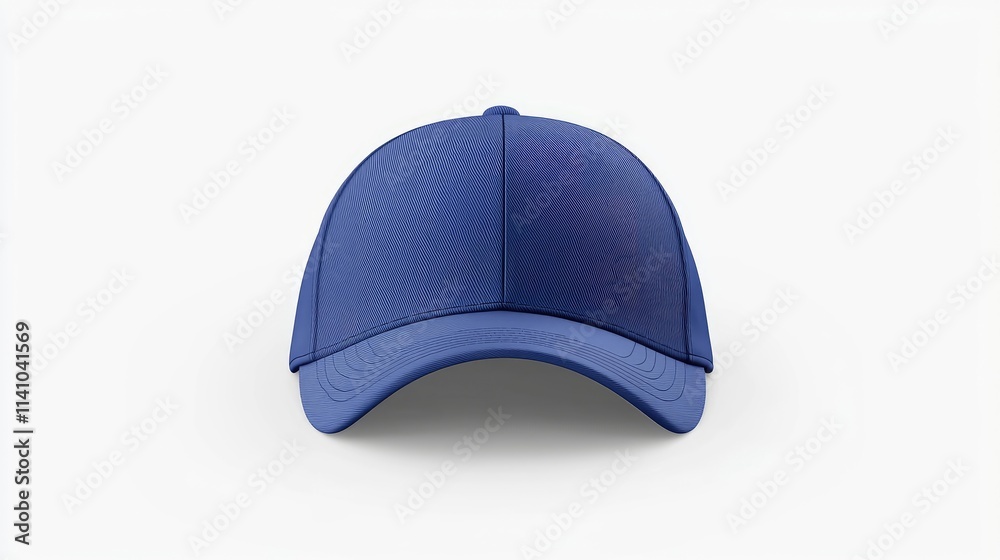 A blue cap viewed from the front, featuring a curved brim and smooth texture.