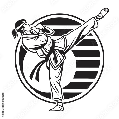 Dynamic Karate Kick:  A powerful illustration of a female martial artist executing a dynamic high kick, set against a bold circular design.  Perfect for projects needing energy, strength, and focus. 