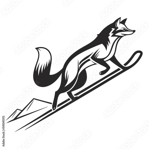 Fox on Ski Jump: A stylized illustration of a fox gracefully soaring on skis down a snowy mountain slope. This bold, black and white design evokes a sense of adventure and freedom. 