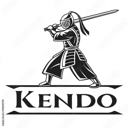 Vector Kendo Warrior: A dynamic illustration of a kendo fighter in full gear, sword raised, embodies the discipline and intensity of this traditional Japanese martial art.  