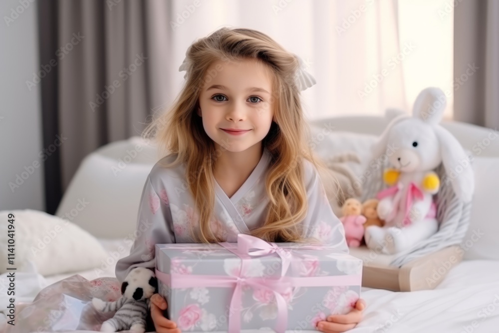 Cute little girl in pajamas with gift box sitting on bed at home Cute little girl in pajamas with gift box sitting on bed at home