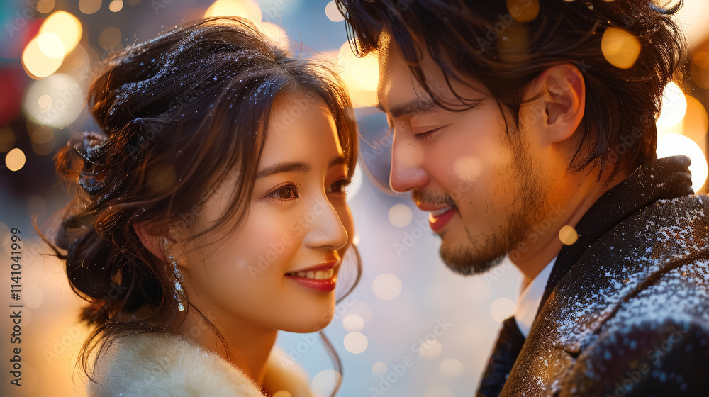 Man and a woman are standing close to each other, smiling and looking into each other's eyes