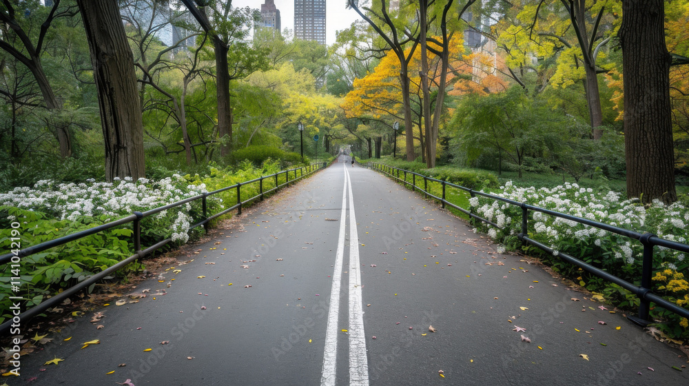 A bike path surrounded by blooming bushes in the park.
A bike path surrounded by blooming bushes in the park.