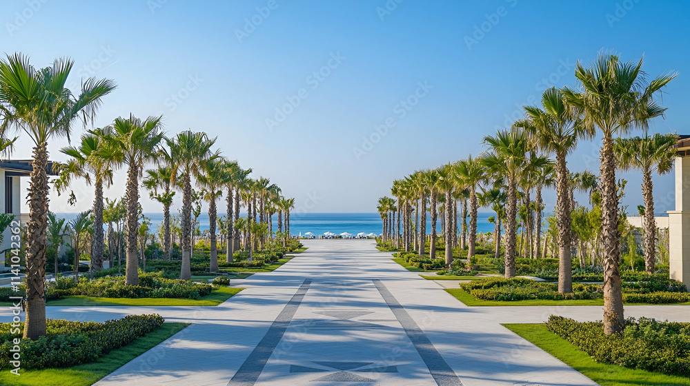 Fototapeta premium Florida Coastal Park with palm groves and white sandy paths, relaxing seaside escape