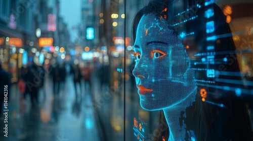 Wallpaper Mural Facial recognition technology displayed in a bustling urban environment during the evening hours Torontodigital.ca