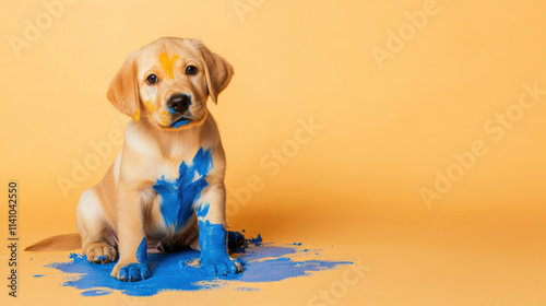Adorable Labrador Puppy Covered in Blue Paint on a Warm Background.