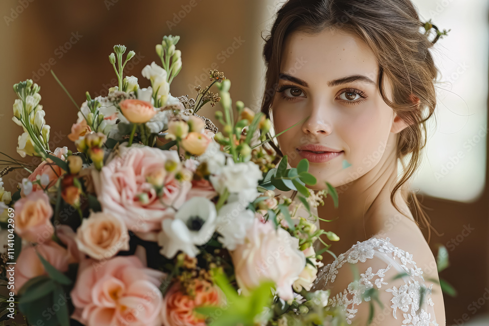 Naklejka premium Woman is holding a bouquet of flowers and posing for a picture. The flowers are pink and white, and the woman has a pretty smile on her face. Concept of happiness and celebration