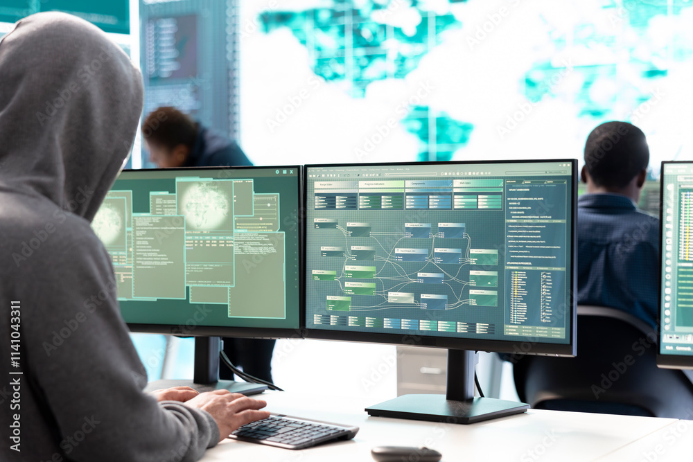 Governmental hackers team performing a cyber attack on database servers to gather intelligence during cyberwarfare activity. Experts working on IT security against malicious scams. Governmental hackers team performing a cyber attack on database servers to gather intelligence during cyberwarfare activity. Experts working on IT security against malicious scams.
