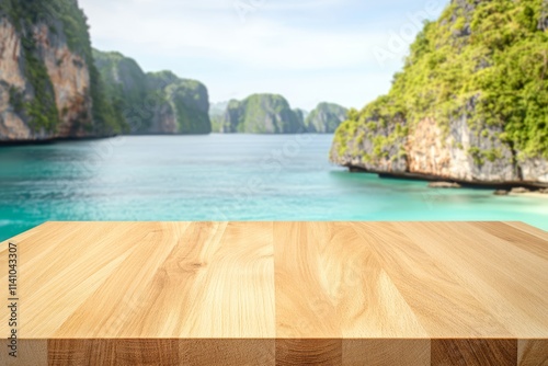 Empty wooden table with blurred tropical beach background. photo