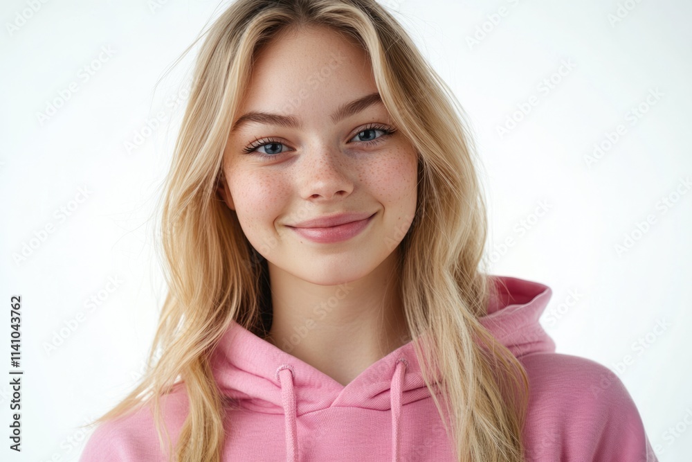 blonde with a smile on her face on a white background in a pink hoodie blonde with a smile on her face on a white background in a pink hoodie
