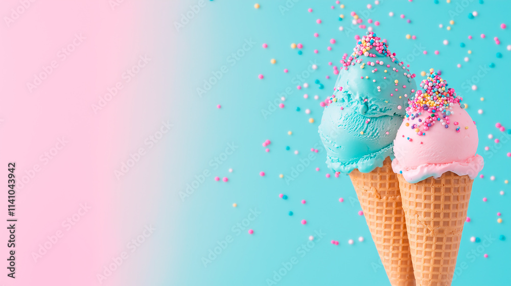 A set of pastel-colored ice cream scoops in waffle cones, showcasing blueberry, strawberry, pistachio, almond, and banana flavors against a soft backdrop, pastel colors A set of pastel-colored ice cream scoops in waffle cones, showcasing blueberry, strawberry, pistachio, almond, and banana flavors against a soft backdrop, pastel colors