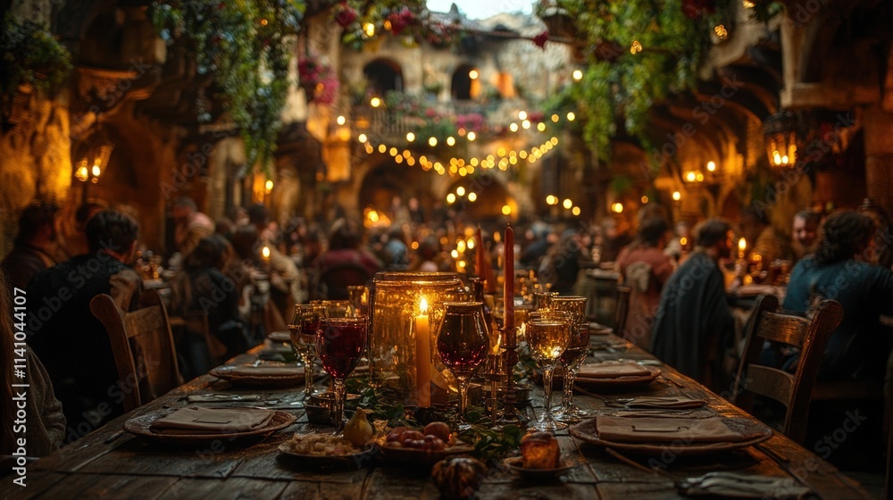 Fototapeta premium Candlelit medieval feast, rustic table setting.