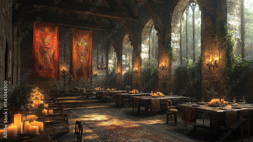 Medieval hall, candlelit tables, stone walls, tapestries. Medieval hall, candlelit tables, stone walls, tapestries.