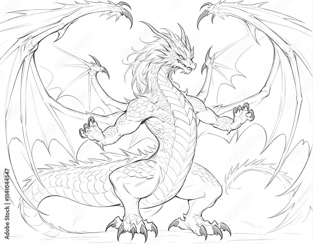 Fototapeta premium Pencil sketch of a majestic dragon drawn on a plain white canvas