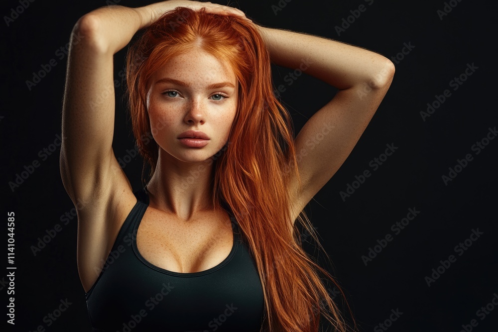 Beautiful red haired woman in sportswear poses confidently for camera.