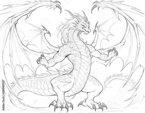 Pencil sketch of a majestic dragon drawn on a plain white canvas