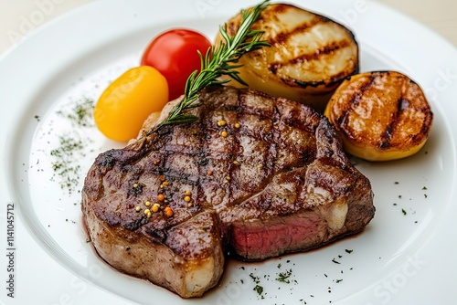 Grilled steak served with roasted vegetables and fresh herbs on a white plate