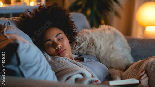 Une femme dort profondément sur un canapé avec un livre sous une lumière douce.