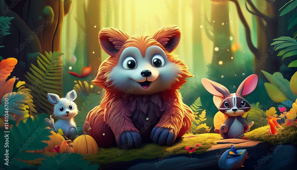 Funny animal cartoon with forest background. Generated image Funny animal cartoon with forest background. Generated image