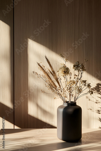 Modern Minimalist Vase with a Dried Floral Arrangement in Neutral Tones on a Wooden Surface photo