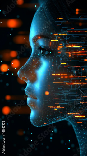 Futuristic Digital Human Face with Cybernetic Data Elements