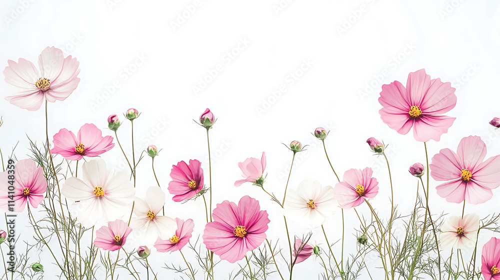 Cosmos themed frame or border for photos, delicate pink and white flowers, watercolor illustration, white color background Cosmos themed frame or border for photos, delicate pink and white flowers, watercolor illustration, white color background