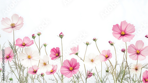 Cosmos themed frame or border for photos, delicate pink and white flowers, watercolor illustration, white color background