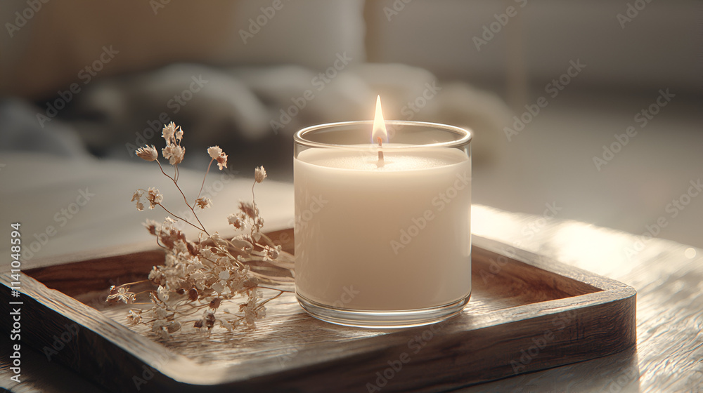 Lit Soy Candle in Glass Jar on Rustic Wooden Tray with Dried Flowers for a Warm and Serene Atmosphere Lit Soy Candle in Glass Jar on Rustic Wooden Tray with Dried Flowers for a Warm and Serene Atmosphere
