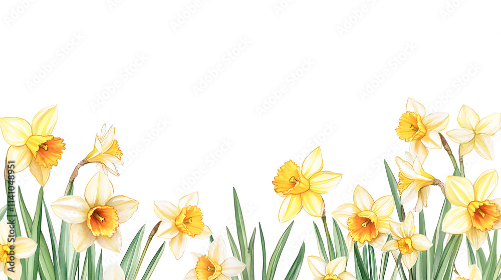 Fototapeta premium Daffodil field frame or border, watercolor illustration, perfect for nursery art, simple clipart, single object, white color background, for greeting cards weddings or birthdays