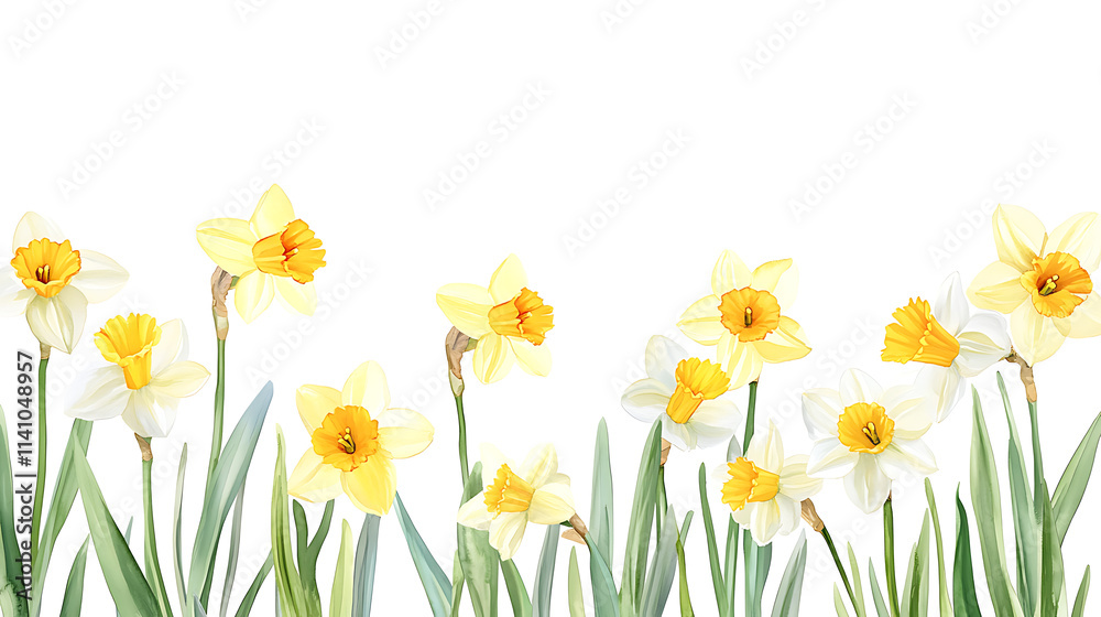 Fototapeta premium Daffodil field frame or border, watercolor illustration, perfect for nursery art, simple clipart, single object, white color background, for greeting cards weddings or birthdays