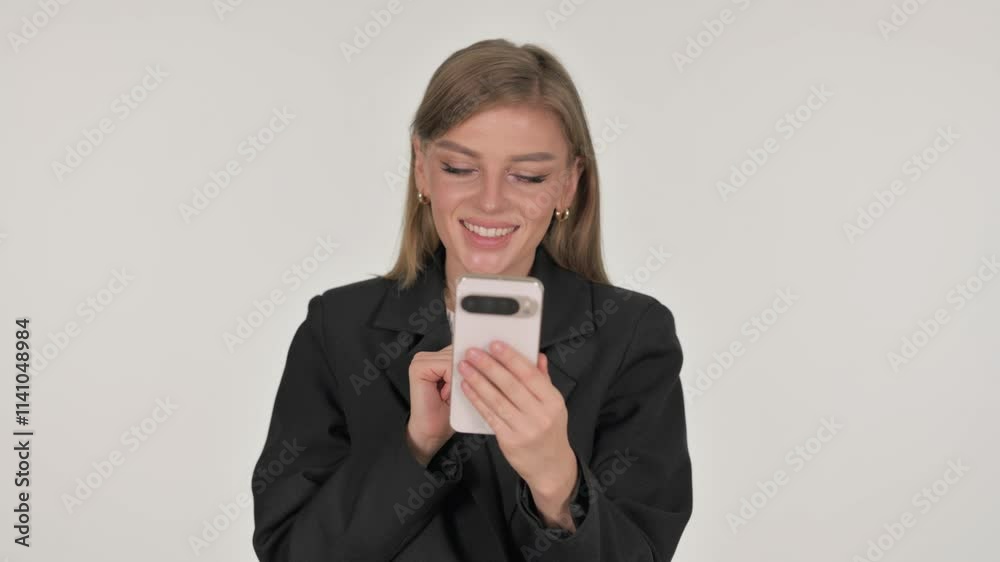 Portrait of Businesswoman Doing Video Chat via Phone on White Background Portrait of Businesswoman Doing Video Chat via Phone on White Background