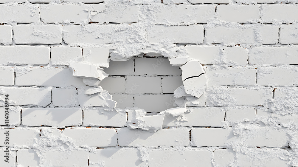 Fototapeta premium Damaged white brick wall with a hole