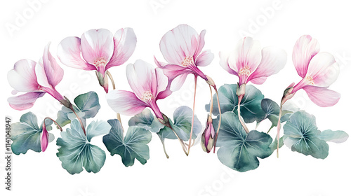 Fototapeta Naklejka Na Ścianę i Meble -  Cyclamen themed frame or border for photos, with delicate pink and white blooms, watercolor illustration, white color background