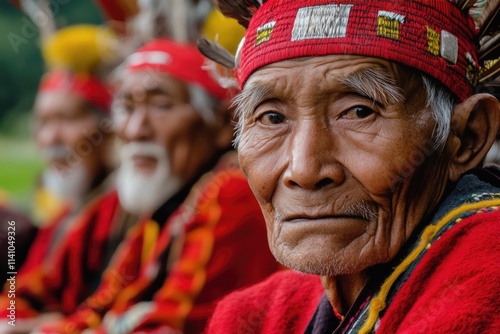 Miaoli County Taiwan April 17 2013 Old people in rural tribes wearing red aboriginal costumes