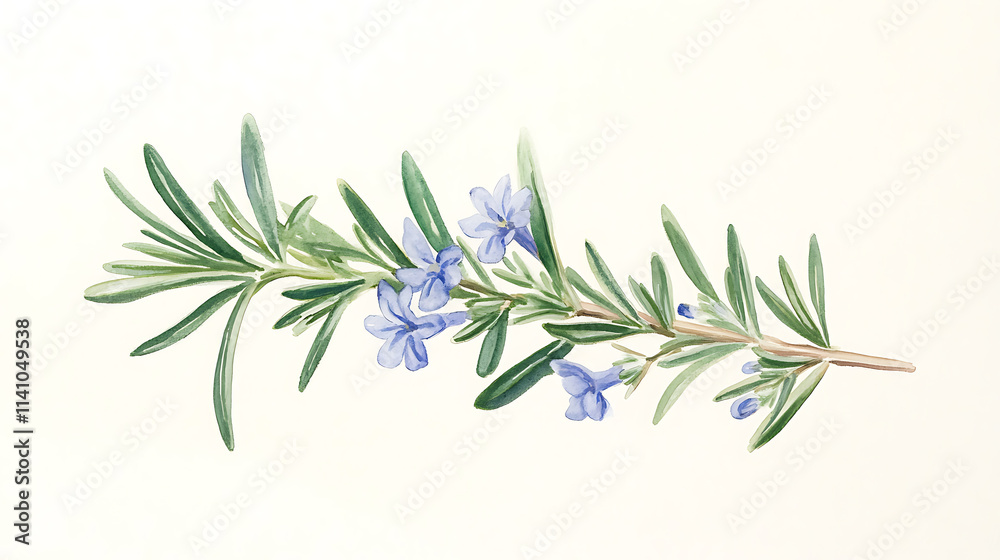 Fototapeta premium Delicate watercolor painting showcasing a sprig of rosemary with its signature needle-like leaves and dainty blue flowers