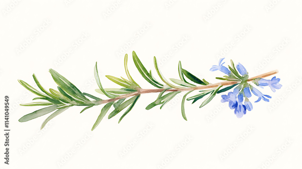 Obraz premium Delicate watercolor painting showcasing a sprig of rosemary with its signature needle-like leaves and dainty blue flowers