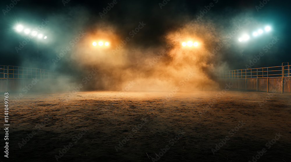 Desolate rodeo arena illuminated by bright lights and lingering smoke, concept rodeo arena, bright lights, smoke, desolate setting Desolate rodeo arena illuminated by bright lights and lingering smoke, concept rodeo arena, bright lights, smoke, desolate setting