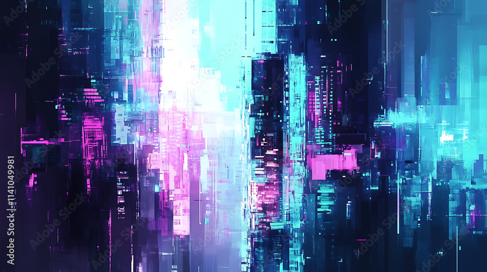 Fototapeta premium Digital abstract cityscape background featuring a glitchy pixelated mix of electric blues, purples, greens, pinks, whites, and turquoise