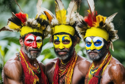 Huli tribe men in traditional attire  Papua New Guinea  2013. photo