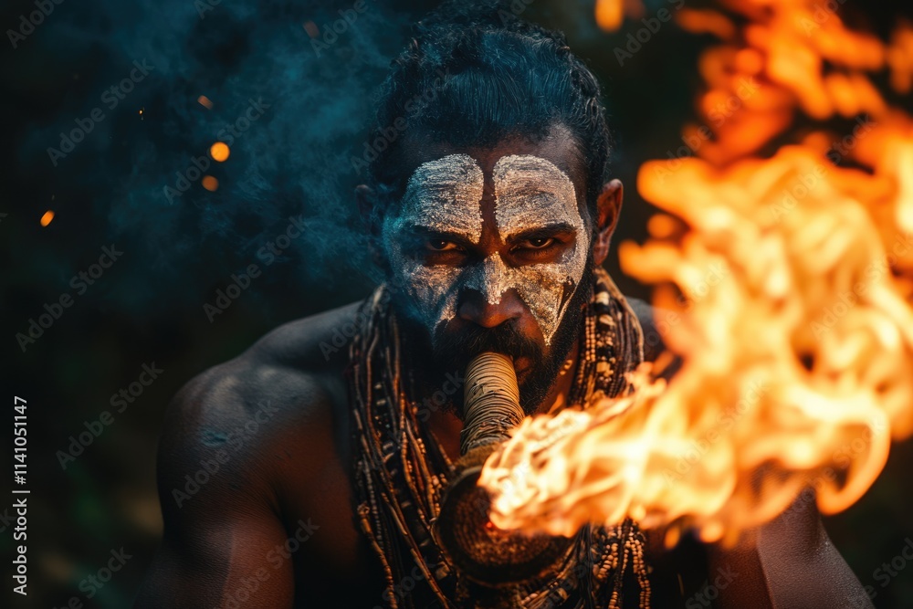 Yugambeh warrior demonstrates fire making at Queensland Aboriginal show. Yugambeh warrior demonstrates fire making at Queensland Aboriginal show.