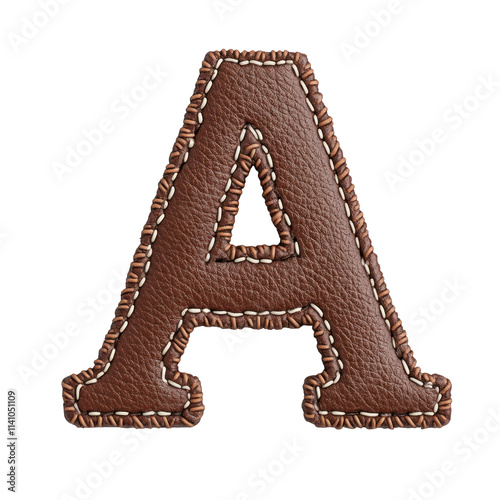 Capital letter A made of brown leather with white stitching.