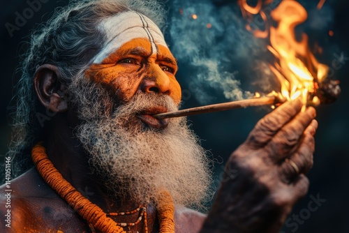 Yugambeh warrior demonstrates fire making at Queensland Aboriginal show. photo