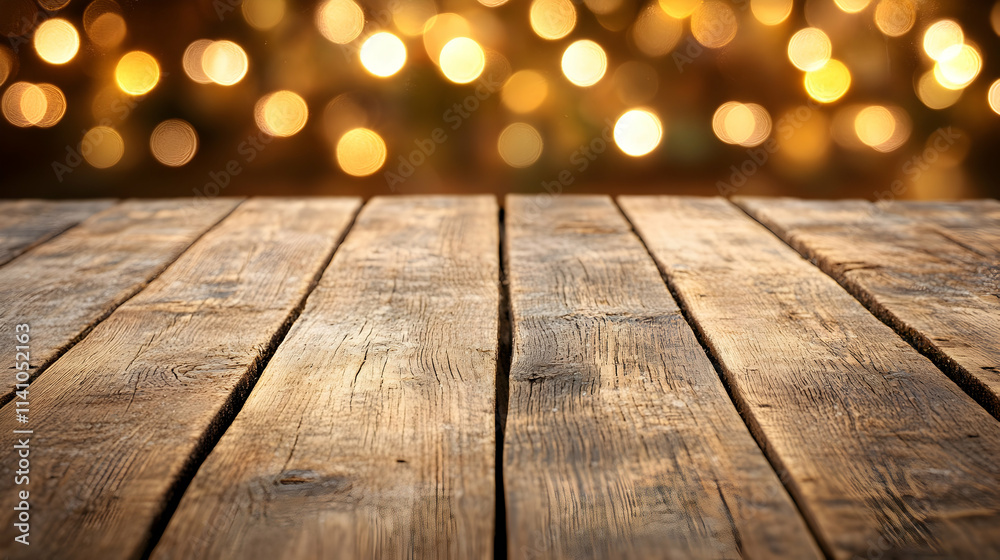 Rustic wooden table against a bokeh background of warm, golden lights, perfect for product placement or holiday displays. Rustic wooden table against a bokeh background of warm, golden lights, perfect for product placement or holiday displays.
