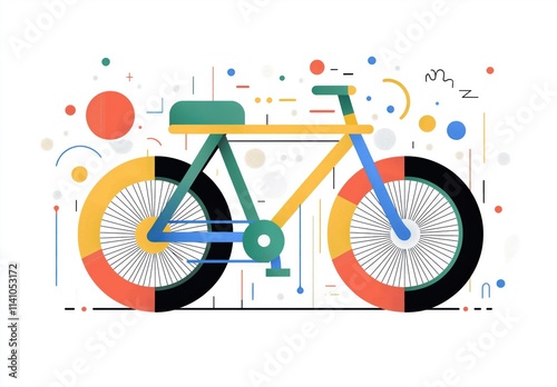 Geometric bicycle design with vibrant abstract patterns and shapes on white background