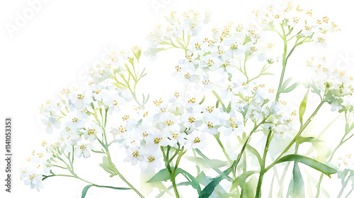 Fototapeta Naklejka Na Ścianę i Meble -  Elegant watercolor artwork capturing a cluster of white yarrow flowers and green foliage with soft, transparent hues on a white background