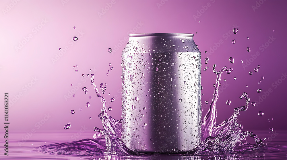 Empty aluminium soda can with a water splash effect, this mockup may be used as beverage drink product promotion, purple background Empty aluminium soda can with a water splash effect, this mockup may be used as beverage drink product promotion, purple background