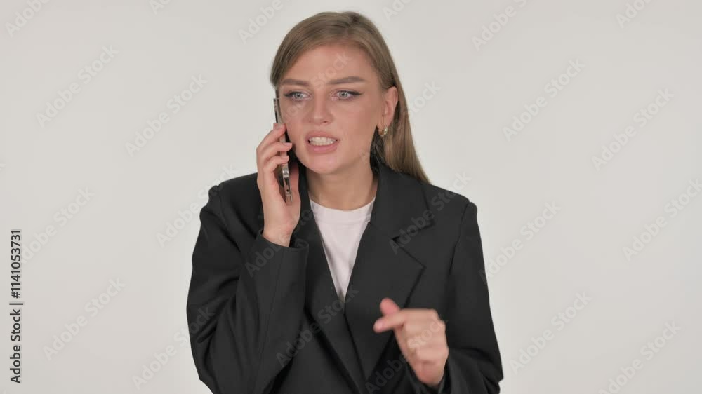 Portrait of Angry Businesswoman Talking on Phone on White Background Portrait of Angry Businesswoman Talking on Phone on White Background