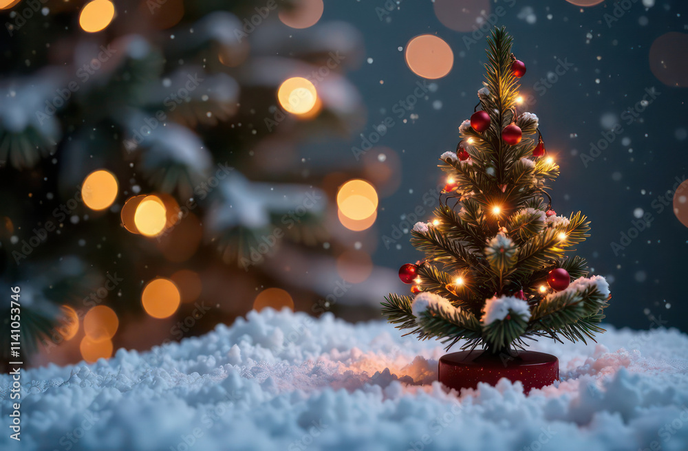 Cozy Christmas decoration with mini tree and lights on snowy background Cozy Christmas decoration with mini tree and lights on snowy background