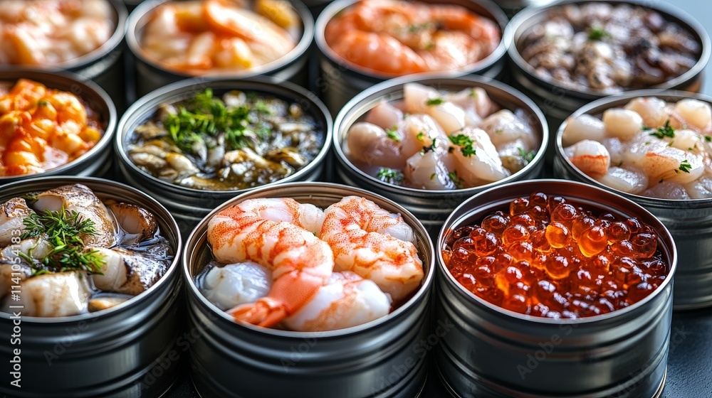 Open Cans of Seafood Arranged on White Background Open Cans of Seafood Arranged on White Background